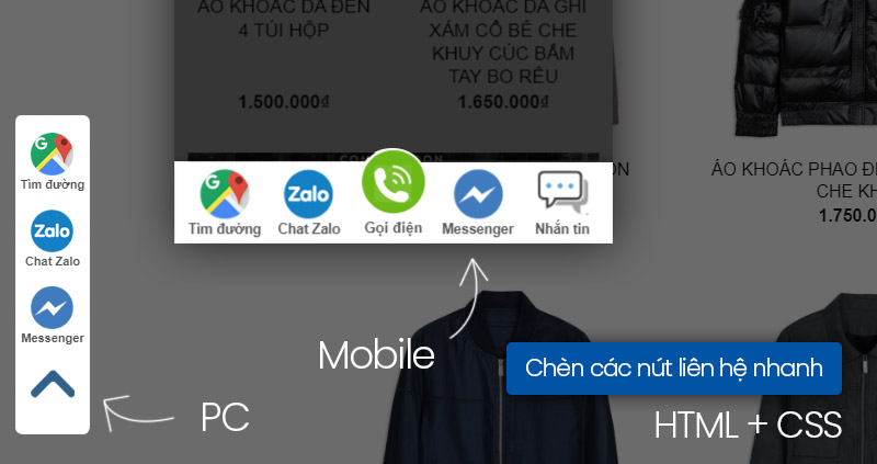 Menu 5 nút (Chỉ đường, Zalo, Messenger, Gọi điện, Nhắn tin)